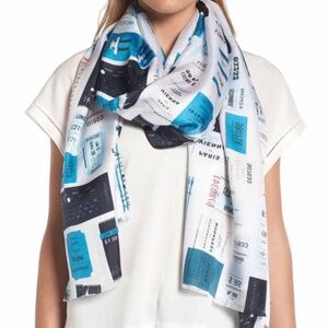 KATE SPADE "Train Tickets" Patterned 100% SILK SCARF OBLONG WHIMSICAL BLUE WHITE